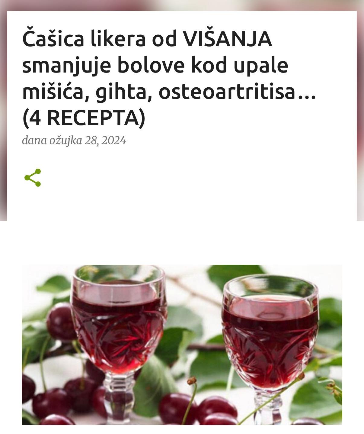 Čašica likera od VIŠANJA smanjuje bolove kod upale mišića, gihta, osteoartritisa… (4 RECEPTA)