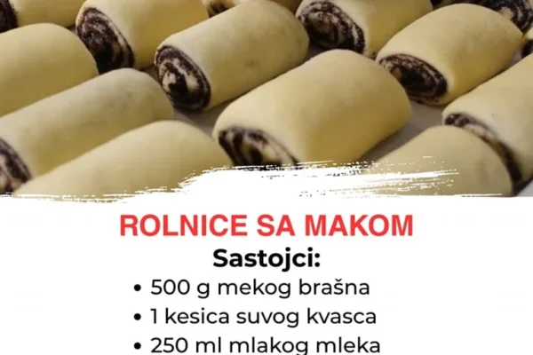 Prvo napravite testo. U toplom mleku rastopite kvasac sa malo šećera i ostavite 5 minuta da se aktivira. U veću činiju stavite brašno, šećer, vanilin šećer i prstohvat soli. Dodajte nadošli kvasac, jaje i ulje, pa zamesite mekano, glatko testo. Ako je potrebno, dodajte još malo brašna. Ostavite testo da naraste pokriveno, oko 45 minuta, dok ne udvostruči volumen. Za to vreme pripremite fil: u šerpicu sipajte mleko i šećer, pustite da provri, pa ubacite mleveni mak i vanilin šećer. Kratko kuvajte dok se ne zgusne, samo 1-2 minuta. Ostavite da se ohladi. Naraslo testo razvucite na pobrašnjenoj površini u pravougaonik debljine oko 5 mm. Premažite makom, pa pažljivo uvijte u rolat. Isecite na rolnice širine oko 2-3 cm. Poređajte ih na pleh obložen papirom za pečenje, ostavljajući malo razmaka između svake. Premažite ih žumancetom pomešanim sa malo mleka. Pecite u prethodno zagrejanoj rerni na 180°C oko 20-25 minuta, dok ne dobiju lepu zlatnu boju. Po želji, još tople možete posuti prah šećerom. Miris će vam ispuniti celu kuću, a rolnice će nestati dok trepnete! Bonus recept Slatke kiflice sa džemom – Brze i mekane Sastojci: 400 g brašna 180 ml jogurta 80 ml ulja 1 kesica praška za pecivo 2 kašike šećera Prstohvat soli Džem po izboru (šljiva, kajsija…) Priprema: Pomešajte brašno, prašak za pecivo, šećer i so. Dodajte jogurt i ulje, pa zamesite meko testo. Razvucite testo tanko, secite na trouglove, stavite malo džema na svaki i uvijte u kiflice. Pecite na 180°C oko 20 minuta, pa ih još tople pospite prah šećerom. Brže od ovoga – teško! A mekane su kao duša.