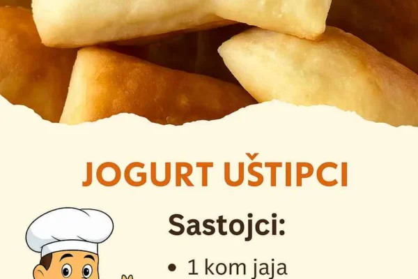 Kako se spremaju Jogurt Uštipci: Jogurt Uštipci – Jednostavno i brzo Savršen izbor za brzi doručak, lagani obrok ili užinu. Sastojci 1 kom. Jaje 250 ml Jogurt 1 kesica Prašak za pecivo (13 g) 1 kašičica So 500 g Oštro brašno (500 g je okvirno, dodajte po potrebi dok ne dobijete čvrsto tijesto. Priprema U posudu dodajte jogurt i jaje zatim promiješajte. Dodajte prašak za pecivo i kašičicu soli. Promiješajte dobro. Postepeno dodajte brašno dok ne formirate čvrsto tijesto. Tijesto je odmah spremno za razvijanje! Razvaljajte tijesto i zatim isijecite. (Primjer na slici ili u videu ispod recepta.) Pecite par minuta u zagrijanoj tavi sa obje strane. Napomene Uživajte u pripremi i ne zaboravite nam javiti utiske kako vam se dopao recept. Ocijenite ga sa 5 zvjezdica ispod ako vam se dopao.