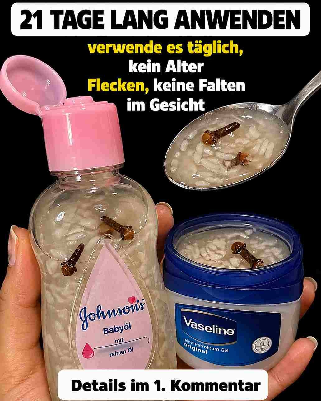 # **DIY-Kollagencreme mit Nelken, Babyöl & Reis** ## **Für geschmeidige, intensiv gepflegte und strahlende Haut** Mit zunehmendem Alter verlangsamt sich die natürliche Kollagenproduktion der Haut. Dadurch können feine Linien, Trockenheit und ein Verlust an Spannkraft entstehen. Neben fertigen Pflegeprodukten lässt sich auch zu Hause eine reichhaltige Hautpflege herstellen. Diese DIY-Creme kombiniert Nelken, Babyöl und Reispulver mit Aloe Vera, Vitamin E, Honig, Mandelöl und Rosenwasser. Die Inhaltsstoffe versorgen die Haut mit Feuchtigkeit, schützen sie vor oxidativem Stress und unterstützen ein geschmeidiges, gepflegtes Hautbild. --- # Zutaten *(Ergibt ca. 50 g Creme)* * 2 TL ganze Nelken, leicht zerdrückt * 3 EL unparfümiertes Babyöl * 1 EL fein gemahlenes Reispulver * 1 EL frisches Aloe-Vera-Gel * 1 Vitamin-E-Kapsel (ca. 400 IE) * 1 TL roher Honig * 1 TL kaltgepresstes Mandelöl * 1 TL Rosenwasser * ¼ TL Kurkumapulver (optional) --- # Zubereitung ### 1. Nelkenöl herstellen Das Babyöl in einem Wasserbad auf etwa **50 °C** erwärmen. Die zerdrückten Nelken hinzufügen und etwa **20 Minuten** ziehen lassen. Anschließend das Öl durch ein feines Sieb filtern und leicht abkühlen lassen. ### 2. Reispaste vorbereiten Das Reispulver mit **1 EL warmem destilliertem Wasser** zu einer glatten Paste verrühren. Dadurch verbindet sich das Pulver später besser mit dem Öl. ### 3. Creme herstellen Das warme Nelkenöl langsam unter ständigem Rühren zur Reispaste geben. So lange verrühren, bis eine cremige Konsistenz entsteht. ### 4. Weitere Zutaten hinzufügen Sobald die Mischung auf unter **40 °C** abgekühlt ist, Aloe Vera, Honig, Vitamin E, Mandelöl, Rosenwasser und optional Kurkuma gründlich einrühren. ### 5. Aufbewahrung Die fertige Creme in ein sauberes, desinfiziertes Glas füllen, beschriften und im Kühlschrank aufbewahren. Innerhalb von **zwei Monaten** verbrauchen. --- # Anwendung * Vor der ersten Anwendung einen **Patch-Test** durchführen und 24 Stunden abwarten. * Abends nach der Gesichtsreinigung eine kleine Menge auf Gesicht und Hals auftragen. * Die Augenpartie aussparen. * Mit sanften, aufwärts gerichteten Bewegungen etwa **eine Minute** einmassieren. * Zunächst drei Abende pro Woche anwenden. Bei guter Verträglichkeit kann die Creme täglich verwendet werden. * Die Creme immer mit sauberen Händen oder einem Spatel entnehmen. --- # Mögliche Vorteile * Spendet intensive und langanhaltende Feuchtigkeit. * Unterstützt eine weiche und geschmeidige Haut. * Antioxidantien aus Nelken, Vitamin E und Kurkuma helfen dabei, die Haut vor freien Radikalen zu schützen. * Reispulver kann zu einem ebenmäßigeren und strahlenderen Hautbild beitragen. * Aloe Vera und Rosenwasser wirken beruhigend und pflegend. * Mandelöl unterstützt die Hautbarriere und hinterlässt ein angenehmes Hautgefühl. * Die Creme zieht gut ein und verleiht der Haut ein gepflegtes, natürliches Strahlen. --- # Hinweis Regelmäßige Anwendung ist entscheidend. Viele Menschen bemerken nach mehreren Wochen eine verbesserte Hautfeuchtigkeit und ein gepflegteres Hautbild. Das Ergebnis kann jedoch je nach Hauttyp unterschiedlich ausfallen. Diese DIY-Creme ersetzt keine medizinische Behandlung. Bei empfindlicher Haut oder bekannten Allergien sollte vor der Anwendung ein Hautverträglichkeitstest durchgeführt werden.