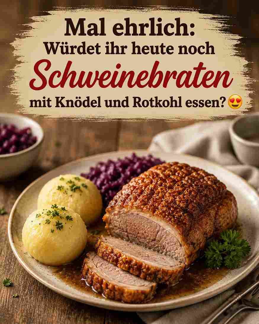 Knusprige Kruste, zartes Fleisch, selbst gemachte Kartoffelknödel, aromatischer Rotkohl und eine kräftige Soße – dieser klassische Schweinebraten gehört für viele einfach zu einem gemütlichen Sonntagsessen. ❤️ Das Schöne an diesem Gericht: Es braucht etwas Zeit, aber die Zubereitung ist unkompliziert und das Ergebnis lohnt sich. Während der Braten langsam im Ofen schmort, können Rotkohl und Knödel vorbereitet werden. 🥩 Zutaten für den Schweinebraten 1,5 kg Schweinebraten, idealerweise mit Schwarte 2 Zwiebeln 2 Karotten 1 Stück Sellerie 2 Knoblauchzehen 1 EL Tomatenmark 500 ml Gemüse- oder Fleischbrühe 250 ml dunkles Bier, optional 1 TL Kümmel 1 TL Majoran Salz Pfeffer 1 EL Öl 🥔 Zutaten für die Kartoffelknödel 1 kg mehligkochende Kartoffeln 1 Ei 120–150 g Kartoffelstärke Salz eine Prise Muskat 🥬 Zutaten für den Rotkohl 1 kleiner Kopf Rotkohl 1 Zwiebel 1 Apfel 2 EL Butter oder Öl 2 EL Apfelessig 150 ml Apfelsaft oder Wasser 1 EL Zucker 2 Lorbeerblätter 3–4 Nelken Salz und Pfeffer 👨‍🍳 Zubereitung des Schweinebratens 1. Fleisch vorbereiten Die Schwarte des Schweinebratens rautenförmig einschneiden, dabei möglichst nicht tief in das Fleisch schneiden. Den Braten rundherum kräftig mit Salz und Pfeffer würzen. Anschließend mit Kümmel und Majoran einreiben. 2. Gemüse anbraten Zwiebeln, Karotten und Sellerie grob schneiden. Öl in einem großen Bräter erhitzen und das Gemüse darin einige Minuten anrösten. Knoblauch und Tomatenmark dazugeben und kurz mitrösten. 3. Braten schmoren Den Schweinebraten mit der Schwarte nach oben auf das Gemüse legen. Brühe und nach Wunsch dunkles Bier angießen. Die Schwarte sollte dabei möglichst nicht vollständig mit Flüssigkeit bedeckt sein. Im vorgeheizten Backofen bei etwa 180 °C Ober-/Unterhitze zunächst langsam garen. Je nach Größe dauert der Braten ungefähr 1½ bis 2 Stunden. Für eine besonders knusprige Kruste kann die Temperatur gegen Ende erhöht werden. Dabei die Schwarte gut beobachten, damit sie nicht verbrennt. 4. Soße zubereiten Wenn das Fleisch gar und schön knusprig ist, den Braten aus dem Bräter nehmen und kurz ruhen lassen. Die Flüssigkeit zusammen mit dem Gemüse durch ein Sieb gießen. Die Soße nach Geschmack abschmecken und bei Bedarf etwas einkochen lassen. So bekommt sie einen kräftigen, herzhaften Geschmack. 🥔 Kartoffelknödel Kartoffeln schälen und in Salzwasser weich kochen. Anschließend gut ausdampfen lassen und noch warm durch eine Kartoffelpresse drücken. Kartoffelmasse mit Ei, Kartoffelstärke, Salz und etwas Muskat zu einem formbaren Teig vermischen. Mit feuchten Händen gleich große Knödel formen. Einen großen Topf mit Salzwasser erhitzen. Die Knödel hineingeben und bei niedriger Hitze etwa 15–20 Minuten ziehen lassen. Das Wasser sollte dabei nicht stark sprudelnd kochen. Sobald die Knödel an die Oberfläche steigen und durchgegart sind, vorsichtig herausnehmen. 🥬 Klassischer Rotkohl Rotkohl fein schneiden und die Zwiebel würfeln. Apfel schälen und in kleine Stücke schneiden. Butter oder Öl in einem Topf erhitzen und die Zwiebel kurz glasig braten. Rotkohl und Apfel hinzufügen und kurz mitbraten. Apfelessig, Apfelsaft, Zucker, Lorbeerblätter und Nelken dazugeben. Mit Salz und Pfeffer würzen. Den Rotkohl zugedeckt bei niedriger Hitze etwa 45–60 Minuten schmoren lassen. Zwischendurch umrühren und bei Bedarf etwas Flüssigkeit hinzufügen. 🍽️ Servieren Den Schweinebraten in Scheiben schneiden und zusammen mit den Kartoffelknödeln und dem warmen Rotkohl auf Tellern anrichten. Zum Schluss reichlich von der kräftigen Bratensoße darübergeben. Tipp: Besonders lecker wird die Soße, wenn das geröstete Gemüse aus dem Bräter mitverwendet wird. Der Rotkohl schmeckt außerdem noch besser, wenn er etwas Zeit zum Durchziehen bekommt. ❤️ Ein echtes Sonntagsessen wie bei Oma! Was gehört für euch unbedingt dazu – Schweinebraten, Knödel, Rotkohl oder eine besonders kräftige Soße?
