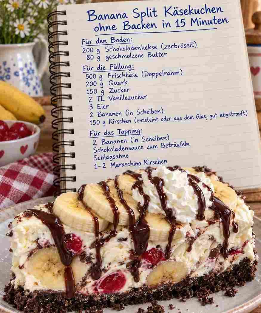 Banana Split Kasekuchen ohne Backen in 15 Minuten