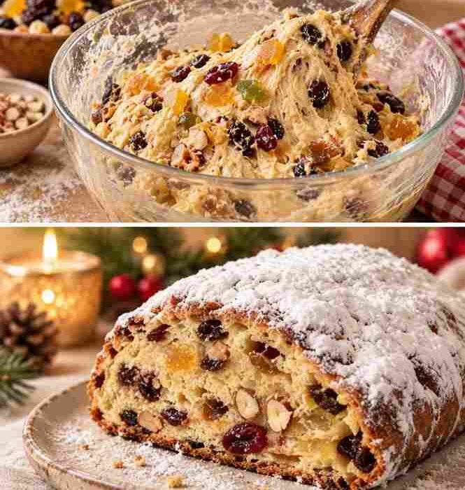 # Omas Weihnachtsstollen – ein traditionelles Familienrezept für die Weihnachtszeit 🎄❤️ Dieser klassische Weihnachtsstollen gehört für viele Familien einfach zur Adventszeit. Der Hefeteig wird mit Rosinen, getrockneten Cranberrys und gehackten Mandeln verfeinert, anschließend goldbraun gebacken und noch warm mit Butter bestrichen und reichlich Puderzucker bestäubt. Am besten schmeckt der Stollen, wenn er nach dem Backen einige Tage gut verpackt durchziehen darf. ## 🎄 Zutaten für 1 großen Stollen ### Für den Teig: * 500 g Weizenmehl Type 405 * 1 Würfel frische Hefe (42 g) * 200 ml lauwarme Milch * 100 g Zucker * 1 Päckchen Vanillezucker * 200 g weiche Butter * 1 Ei, Größe M * 1 Prise Salz * 1 TL Zimt * abgeriebene Schale von 1 Bio-Zitrone ### Für die Füllung: * 200 g Rosinen * 80 g getrocknete Cranberrys * 100 g gehackte Mandeln * 70 ml Orangensaft * 70 ml Zitronensaft ### Zum Bestreichen und Bestäuben: * 80 g Butter, geschmolzen * reichlich Puderzucker ## 👩‍🍳 Zubereitung ### 1. Früchte vorbereiten Rosinen und Cranberrys in eine Schüssel geben und mit Orangen- und Zitronensaft vermischen. Etwa **30 Minuten** ziehen lassen, damit die Früchte schön aromatisch und saftig werden. ### 2. Hefeteig zubereiten Die Hefe in der lauwarmen Milch auflösen und kurz stehen lassen. Mehl, Zucker, Vanillezucker, Salz und Zimt in eine große Schüssel geben. Die Hefemilch, weiche Butter, das Ei und die abgeriebene Zitronenschale hinzufügen. Alles zu einem geschmeidigen, elastischen Teig verkneten. ### 3. Früchte und Mandeln einarbeiten Die eingeweichten Rosinen und Cranberrys gut abtropfen lassen. Zusammen mit den gehackten Mandeln zum Teig geben und vorsichtig unterkneten, bis alles gleichmäßig verteilt ist. ### 4. Teig gehen lassen Den Teig zu einer Kugel formen, mit einem sauberen Küchentuch abdecken und an einem warmen Ort etwa **60–90 Minuten** gehen lassen, bis er sich deutlich vergrößert hat. ### 5. Stollen formen Den aufgegangenen Teig auf eine leicht bemehlte Arbeitsfläche geben und zu einem länglichen Laib formen. Die Mitte mit einem Nudelholz oder der Hand leicht eindrücken und eine Seite etwas über die andere schlagen. So entsteht die typische Form des Weihnachtsstollens. ### 6. Noch einmal ruhen lassen Den geformten Stollen auf ein mit Backpapier belegtes Backblech legen und nochmals etwa **30 Minuten** ruhen lassen. ### 7. Stollen backen Den Backofen auf **180 °C Ober-/Unterhitze** vorheizen. Den Stollen etwa **50–60 Minuten** backen. Falls er gegen Ende zu dunkel wird, kann er locker mit Backpapier abgedeckt werden. ### 8. Mit Butter und Puderzucker verfeinern Den noch heißen Stollen direkt nach dem Backen großzügig mit geschmolzener Butter bestreichen. Anschließend reichlich Puderzucker darüberstreuen. ### 9. Gut verpacken und ruhen lassen Den Stollen vollständig auskühlen lassen und anschließend zunächst in Backpapier und danach in Alufolie oder eine geeignete Folie einwickeln. Für ein besonders intensives Aroma sollte der Weihnachtsstollen einige Tage gut verpackt ruhen. So können sich die Aromen wunderbar entfalten. 🎄 **Ein Stückchen Tradition, das jedes Jahr aufs Neue nach Weihnachten schmeckt.** **Frohe Weihnachten und guten Appetit! ❤️✨**