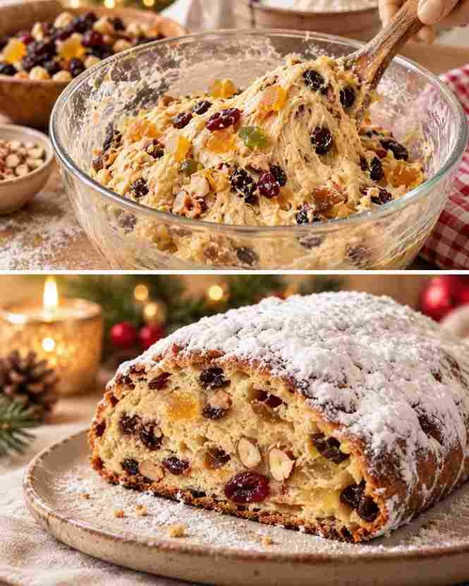 # Omas Weihnachtsstollen – ein traditionelles Familienrezept für die Weihnachtszeit 🎄❤️ Dieser klassische Weihnachtsstollen gehört für viele Familien einfach zur Adventszeit. Der Hefeteig wird mit Rosinen, getrockneten Cranberrys und gehackten Mandeln verfeinert, anschließend goldbraun gebacken und noch warm mit Butter bestrichen und reichlich Puderzucker bestäubt. Am besten schmeckt der Stollen, wenn er nach dem Backen einige Tage gut verpackt durchziehen darf. ## 🎄 Zutaten für 1 großen Stollen ### Für den Teig: * 500 g Weizenmehl Type 405 * 1 Würfel frische Hefe (42 g) * 200 ml lauwarme Milch * 100 g Zucker * 1 Päckchen Vanillezucker * 200 g weiche Butter * 1 Ei, Größe M * 1 Prise Salz * 1 TL Zimt * abgeriebene Schale von 1 Bio-Zitrone ### Für die Füllung: * 200 g Rosinen * 80 g getrocknete Cranberrys * 100 g gehackte Mandeln * 70 ml Orangensaft * 70 ml Zitronensaft ### Zum Bestreichen und Bestäuben: * 80 g Butter, geschmolzen * reichlich Puderzucker ## 👩‍🍳 Zubereitung ### 1. Früchte vorbereiten Rosinen und Cranberrys in eine Schüssel geben und mit Orangen- und Zitronensaft vermischen. Etwa **30 Minuten** ziehen lassen, damit die Früchte schön aromatisch und saftig werden. ### 2. Hefeteig zubereiten Die Hefe in der lauwarmen Milch auflösen und kurz stehen lassen. Mehl, Zucker, Vanillezucker, Salz und Zimt in eine große Schüssel geben. Die Hefemilch, weiche Butter, das Ei und die abgeriebene Zitronenschale hinzufügen. Alles zu einem geschmeidigen, elastischen Teig verkneten. ### 3. Früchte und Mandeln einarbeiten Die eingeweichten Rosinen und Cranberrys gut abtropfen lassen. Zusammen mit den gehackten Mandeln zum Teig geben und vorsichtig unterkneten, bis alles gleichmäßig verteilt ist. ### 4. Teig gehen lassen Den Teig zu einer Kugel formen, mit einem sauberen Küchentuch abdecken und an einem warmen Ort etwa **60–90 Minuten** gehen lassen, bis er sich deutlich vergrößert hat. ### 5. Stollen formen Den aufgegangenen Teig auf eine leicht bemehlte Arbeitsfläche geben und zu einem länglichen Laib formen. Die Mitte mit einem Nudelholz oder der Hand leicht eindrücken und eine Seite etwas über die andere schlagen. So entsteht die typische Form des Weihnachtsstollens. ### 6. Noch einmal ruhen lassen Den geformten Stollen auf ein mit Backpapier belegtes Backblech legen und nochmals etwa **30 Minuten** ruhen lassen. ### 7. Stollen backen Den Backofen auf **180 °C Ober-/Unterhitze** vorheizen. Den Stollen etwa **50–60 Minuten** backen. Falls er gegen Ende zu dunkel wird, kann er locker mit Backpapier abgedeckt werden. ### 8. Mit Butter und Puderzucker verfeinern Den noch heißen Stollen direkt nach dem Backen großzügig mit geschmolzener Butter bestreichen. Anschließend reichlich Puderzucker darüberstreuen. ### 9. Gut verpacken und ruhen lassen Den Stollen vollständig auskühlen lassen und anschließend zunächst in Backpapier und danach in Alufolie oder eine geeignete Folie einwickeln. Für ein besonders intensives Aroma sollte der Weihnachtsstollen einige Tage gut verpackt ruhen. So können sich die Aromen wunderbar entfalten. 🎄 **Ein Stückchen Tradition, das jedes Jahr aufs Neue nach Weihnachten schmeckt.** **Frohe Weihnachten und guten Appetit! ❤️✨**