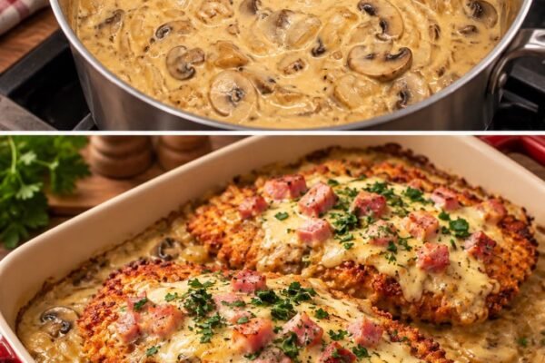 # Elsässer Schnitzel in cremiger Jägersoße – mit Schinken und Käse überbacken 😍🍄🧀 Dieses Elsässer Schnitzel ist ein wunderbar herzhaftes Ofengericht: knusprig angebratene Schweineschnitzel werden mit einer cremigen Jägersoße, würzigem Kochschinken und reichlich geschmolzenem Käse überbacken. Dazu passen Spätzle, Kroketten, Pommes frites oder Kartoffelpüree. ## 🥩 Zutaten für 4 Portionen ### Für die Schnitzel: * 4 Schweineschnitzel, je ca. 150–180 g * Salz und schwarzer Pfeffer * 1 TL Paprikapulver, edelsüß * 2 EL Mehl * 2 Eier * 100 g Semmelbrösel * 2–3 EL Öl zum Braten * 120 g Kochschinken, gewürfelt * 150 g geriebener Gouda oder Emmentaler * 2 EL frisch gehackte Petersilie ### Für die Jägersoße: * 300 g Champignons * 1 große Zwiebel * 1 Knoblauchzehe * 1 EL Butter * 1 EL Tomatenmark * 250 ml Gemüse- oder Fleischbrühe * 200 ml Sahne * 100 g Schmand * 1 TL mittelscharfer Senf * ½ TL Paprikapulver * Salz und schwarzer Pfeffer ## 👩‍🍳 Zubereitung ### 1. Schnitzel vorbereiten Die Schweineschnitzel mit Küchenpapier trocken tupfen und von beiden Seiten mit Salz, Pfeffer und Paprikapulver würzen. Anschließend die Schnitzel nacheinander in Mehl, verquirltem Ei und Semmelbröseln wenden. ### 2. Schnitzel anbraten Das Öl in einer großen Pfanne erhitzen und die Schnitzel von beiden Seiten jeweils etwa **2–3 Minuten** goldbraun anbraten. Die Schnitzel anschließend in eine passende Auflaufform legen. ### 3. Jägersoße zubereiten Die Champignons putzen und in Scheiben schneiden. Die Zwiebel in feine Streifen schneiden und den Knoblauch fein hacken. Die Butter in derselben Pfanne erhitzen. Zwiebeln und Champignons darin etwa **5–6 Minuten** kräftig anbraten. Knoblauch und Tomatenmark hinzufügen und kurz mitrösten. ### 4. Soße verfeinern Mit der Brühe ablöschen. Anschließend Sahne, Schmand und Senf einrühren. Die Soße bei niedriger Hitze etwa **5 Minuten** köcheln lassen. Mit Paprikapulver, Salz und Pfeffer abschmecken. ### 5. Schnitzel belegen Die fertige Jägersoße rund um die Schnitzel und teilweise darüber verteilen. Anschließend die gewürfelten Kochschinken auf den Schnitzeln verteilen und großzügig mit dem geriebenen Käse bestreuen. ### 6. Im Ofen überbacken Den Backofen auf **200 °C Ober-/Unterhitze** vorheizen. Die Auflaufform in den Ofen geben und die Schnitzel etwa **15–20 Minuten** überbacken, bis der Käse vollständig geschmolzen und goldbraun ist. ### 7. Servieren Die fertigen Schnitzel mit frisch gehackter Petersilie bestreuen und heiß servieren. Dazu schmecken besonders gut **Spätzle, Kroketten, Pommes frites oder Kartoffelpüree**. **Guten Appetit! 😍🍄🧀**