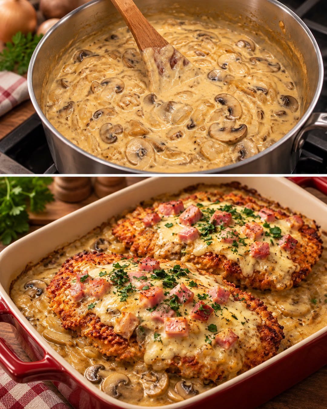 # Elsässer Schnitzel in cremiger Jägersoße – mit Schinken und Käse überbacken 😍🍄🧀 Dieses Elsässer Schnitzel ist ein wunderbar herzhaftes Ofengericht: knusprig angebratene Schweineschnitzel werden mit einer cremigen Jägersoße, würzigem Kochschinken und reichlich geschmolzenem Käse überbacken. Dazu passen Spätzle, Kroketten, Pommes frites oder Kartoffelpüree. ## 🥩 Zutaten für 4 Portionen ### Für die Schnitzel: * 4 Schweineschnitzel, je ca. 150–180 g * Salz und schwarzer Pfeffer * 1 TL Paprikapulver, edelsüß * 2 EL Mehl * 2 Eier * 100 g Semmelbrösel * 2–3 EL Öl zum Braten * 120 g Kochschinken, gewürfelt * 150 g geriebener Gouda oder Emmentaler * 2 EL frisch gehackte Petersilie ### Für die Jägersoße: * 300 g Champignons * 1 große Zwiebel * 1 Knoblauchzehe * 1 EL Butter * 1 EL Tomatenmark * 250 ml Gemüse- oder Fleischbrühe * 200 ml Sahne * 100 g Schmand * 1 TL mittelscharfer Senf * ½ TL Paprikapulver * Salz und schwarzer Pfeffer ## 👩‍🍳 Zubereitung ### 1. Schnitzel vorbereiten Die Schweineschnitzel mit Küchenpapier trocken tupfen und von beiden Seiten mit Salz, Pfeffer und Paprikapulver würzen. Anschließend die Schnitzel nacheinander in Mehl, verquirltem Ei und Semmelbröseln wenden. ### 2. Schnitzel anbraten Das Öl in einer großen Pfanne erhitzen und die Schnitzel von beiden Seiten jeweils etwa **2–3 Minuten** goldbraun anbraten. Die Schnitzel anschließend in eine passende Auflaufform legen. ### 3. Jägersoße zubereiten Die Champignons putzen und in Scheiben schneiden. Die Zwiebel in feine Streifen schneiden und den Knoblauch fein hacken. Die Butter in derselben Pfanne erhitzen. Zwiebeln und Champignons darin etwa **5–6 Minuten** kräftig anbraten. Knoblauch und Tomatenmark hinzufügen und kurz mitrösten. ### 4. Soße verfeinern Mit der Brühe ablöschen. Anschließend Sahne, Schmand und Senf einrühren. Die Soße bei niedriger Hitze etwa **5 Minuten** köcheln lassen. Mit Paprikapulver, Salz und Pfeffer abschmecken. ### 5. Schnitzel belegen Die fertige Jägersoße rund um die Schnitzel und teilweise darüber verteilen. Anschließend die gewürfelten Kochschinken auf den Schnitzeln verteilen und großzügig mit dem geriebenen Käse bestreuen. ### 6. Im Ofen überbacken Den Backofen auf **200 °C Ober-/Unterhitze** vorheizen. Die Auflaufform in den Ofen geben und die Schnitzel etwa **15–20 Minuten** überbacken, bis der Käse vollständig geschmolzen und goldbraun ist. ### 7. Servieren Die fertigen Schnitzel mit frisch gehackter Petersilie bestreuen und heiß servieren. Dazu schmecken besonders gut **Spätzle, Kroketten, Pommes frites oder Kartoffelpüree**. **Guten Appetit! 😍🍄🧀**